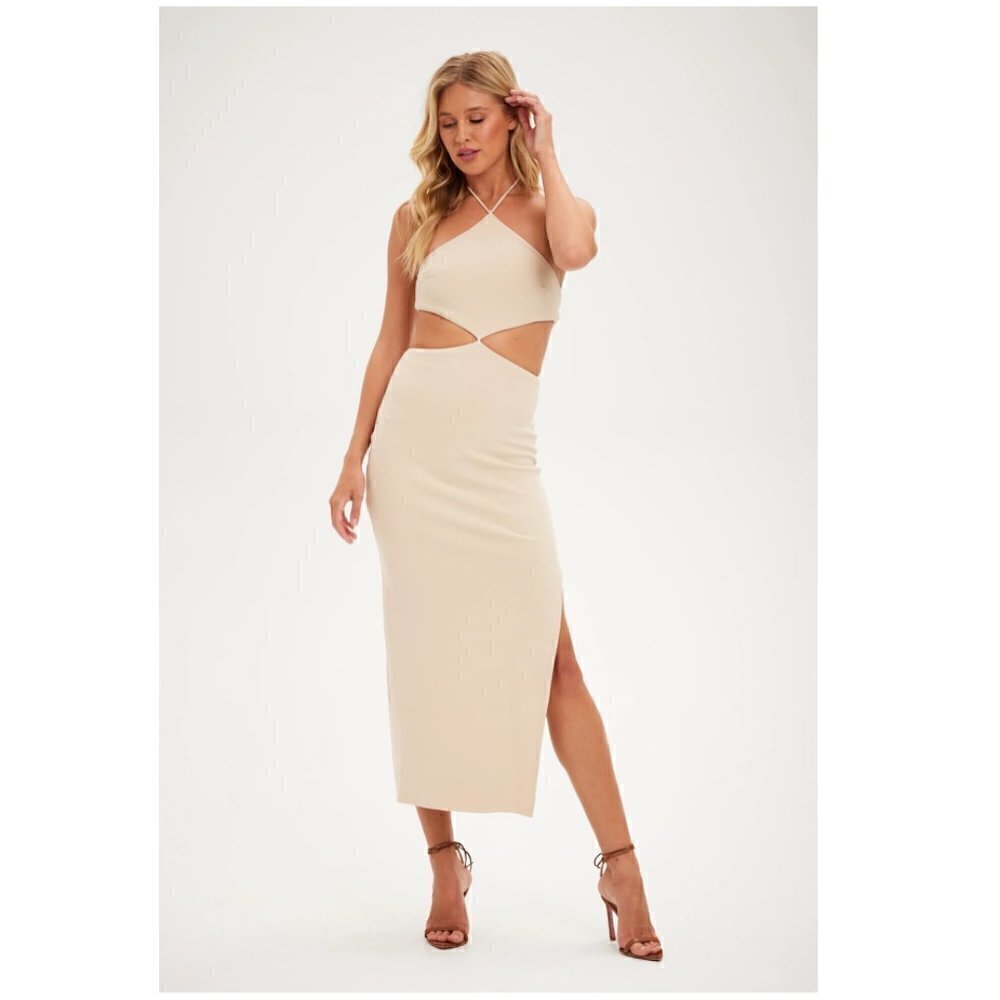 BEC & BRIDGE Iris Cut-Out Halter Midi Dress Side Slit in Cream Beige Size US 6